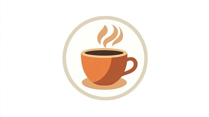 A stylized illustration of a steaming coffee cup on a circular background.