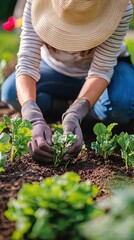 Fototapeta premium Gardener Planting Seeds in Community Garden Beside Chapel
