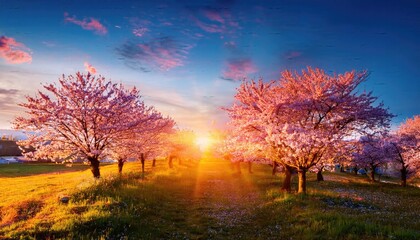 Blooming Trees, sunset in the mountains, Nature's Beauty, Blooming Trees and Sunset Glow