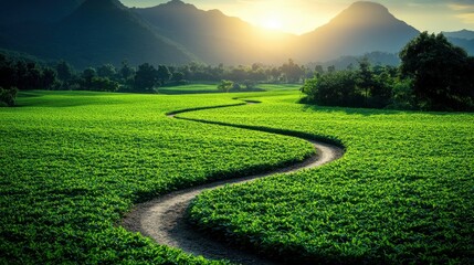 Serene Landscape of a Winding Path Through Lush Green Fields Beneath Majestic Mountains at Sunrise with Soft Light and Natural Beauty