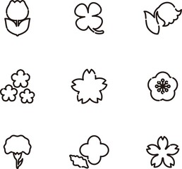 花　春　植物　アイコン　あしらい　ピクトグラム　ロゴ　かわいい　シンプル　線　イラスト素材セット