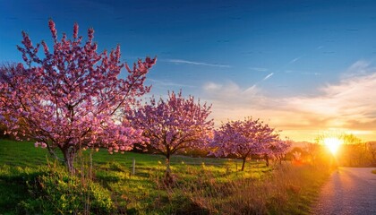 Blooming Trees, sunset in the mountains, Nature's Beauty, Blooming Trees and Sunset Glow