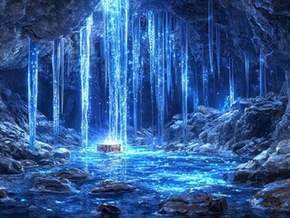 A serene underwater cavern filled with glowing stalactites and shimmering coral. The water reflects the radiant surroundings, and a glowing treasure chest rests at the center, surrounded by 