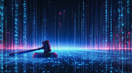Digital Justice: A gavel, symbol of law, stands tall amidst a swirling vortex of digital code, representing the intersection of technology and justice in a world increasingly reliant on cyberspace. 