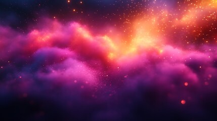 Fototapeta premium Abstract cosmic nebula with vibrant pink, orange, and purple clouds and glowing particles.