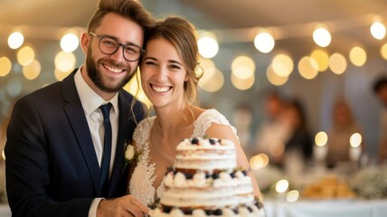A joyful couple poses with a wedding cake, surrounded by soft lighting, capturing the essence of celebration and love on their special day.