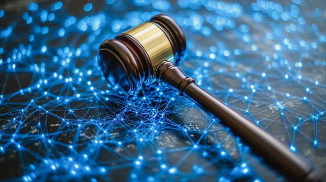 Gavel on Network:  A wooden gavel rests on a network of glowing blue lines, symbolizing the intersection of law and technology.  This powerful image evokes themes of justice, innovation.