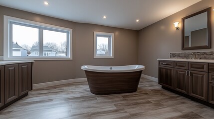 Modern bathroom interior with a freestanding bathtub, double vanities, and large windows overlooking a winter landscape.