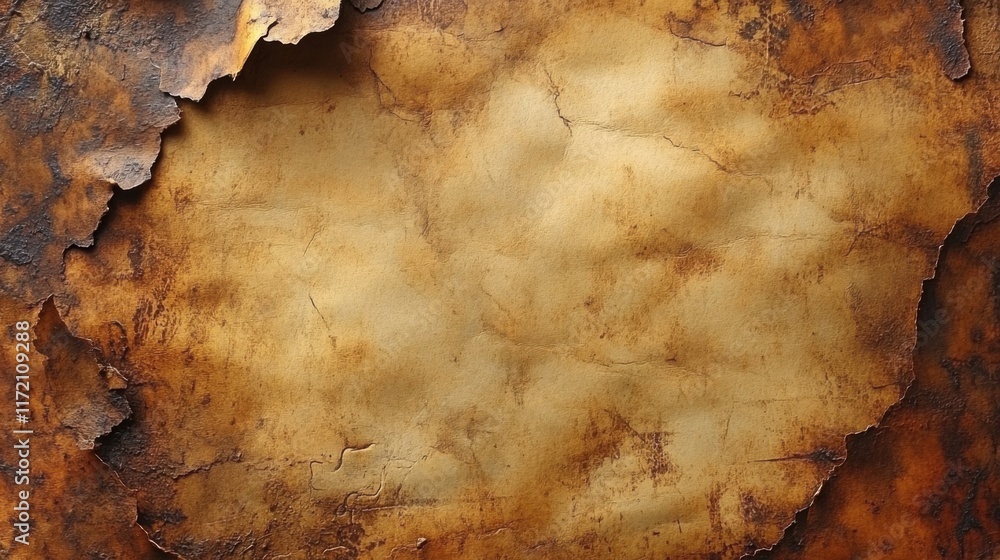 Poster aged and weathered textured surface with torn edges highlighting a golden background for vintage or 