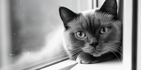 Cat by window, monochrome, watching outside