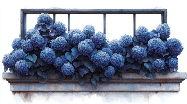 Blue hydrangeas in window box on balcony with rusty railing.