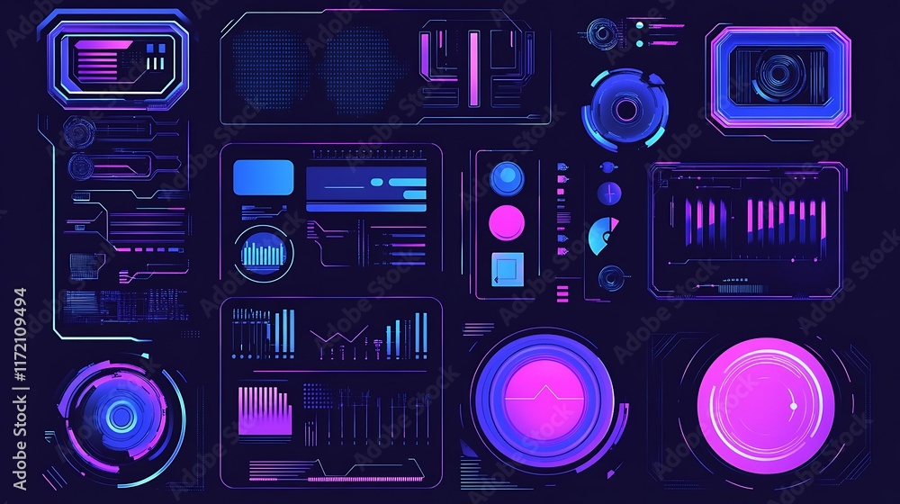 Poster futuristic technology interface displays data graphs charts