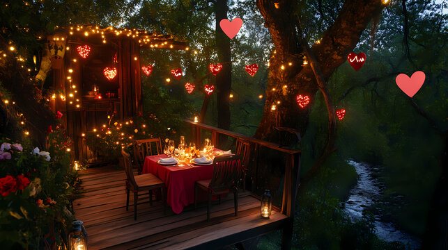 Romantic Treehouse Dinner: A magical evening for two with a candlelit dinner in a treehouse, surrounded by twinkling lights and hearts. Perfect for a special occasion or romantic getaway.