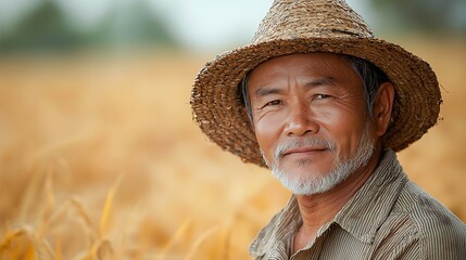 Fototapeta premium Portrait of a smiling senior Asian farmer in a straw hat, amidst a harvested rice paddy field.