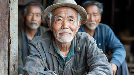 Fototapeta premium Portrait of three Asian senior men sitting together, smiling gently at the camera.