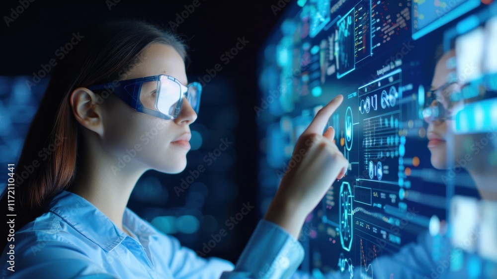 Poster a focused young woman interacts with a digital interface, showcasing advanced technology and data vi