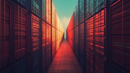 Fototapeta premium High-angle shot of shipping lanes between container stacks, symmetrical lines creating visual depth