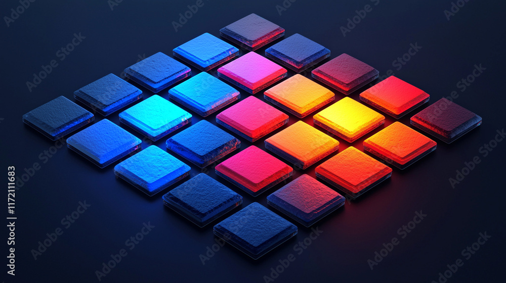 Poster glowing colorful square grid pattern.