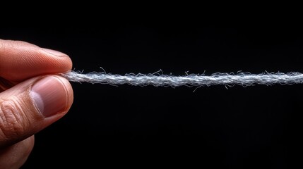 Close-up of a hand holding a fraying piece of string.