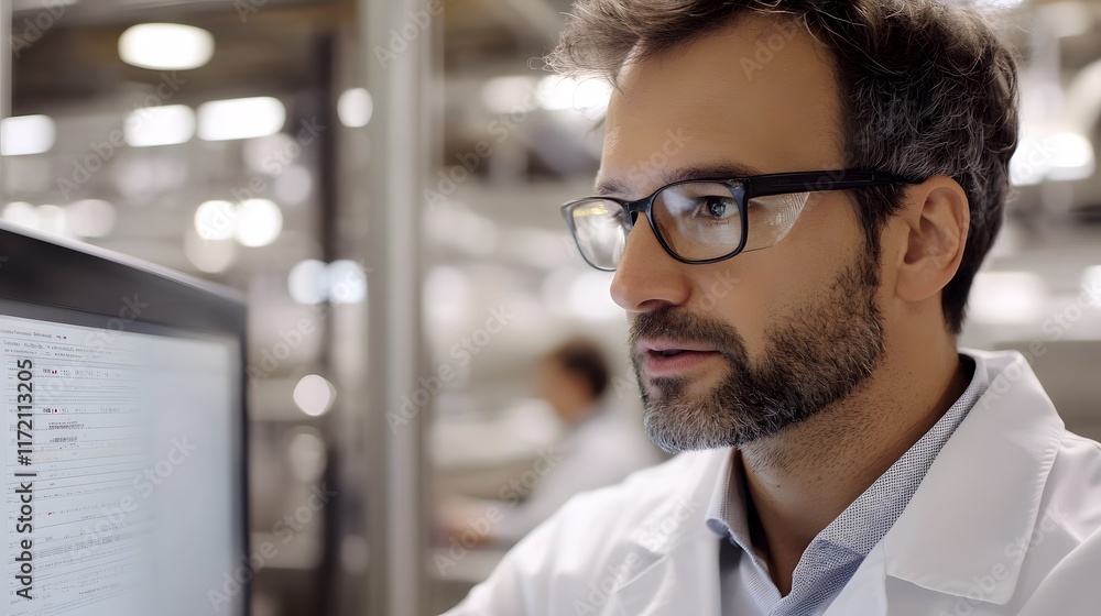 Poster a focused male scientist in safety glasses analyzes data on a computer screen in a modern laboratory
