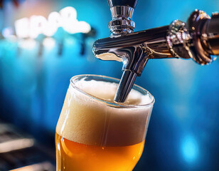 Beer is being poured from a tap into a glass against blue toned bar background
