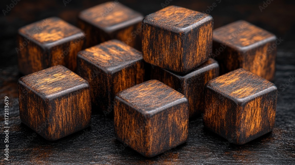 Aufkleber close-up of elegant wooden cubes displayed on dark surface, showcasing unique grain patterns and tex
