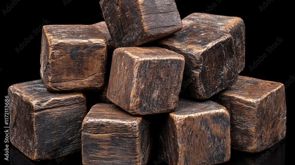 Poster authentic rustic wooden blocks stacked artistically with a dark background highlighting the natural 