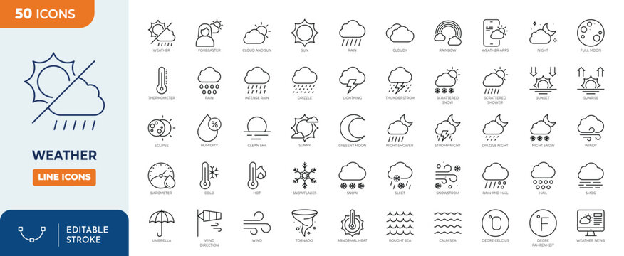 Weather icon set. Containing temperature, sun, rain, snow, cloud, humidity, cloudy, rainy season and more. Outline Icon Collection. Vector illustration. Editable stroke	
