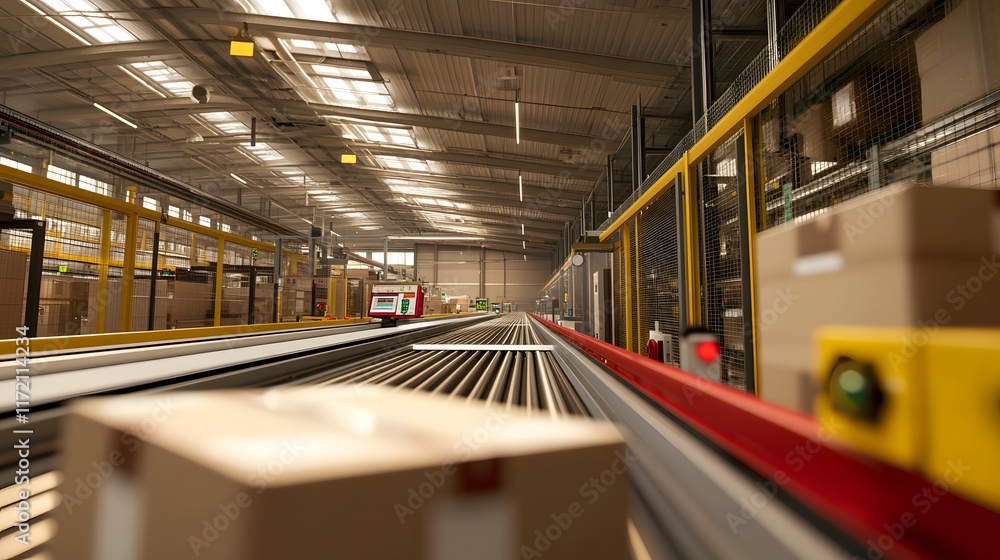 Poster automated conveyor belt system in a large warehouse, transporting cardboard boxes. modern warehouse 