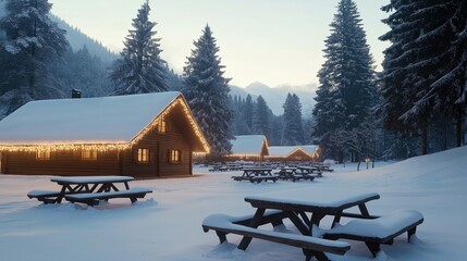 Charming log cabins decorated with string lights in a snowy forest with picnic tables and a serene winter atmosphere