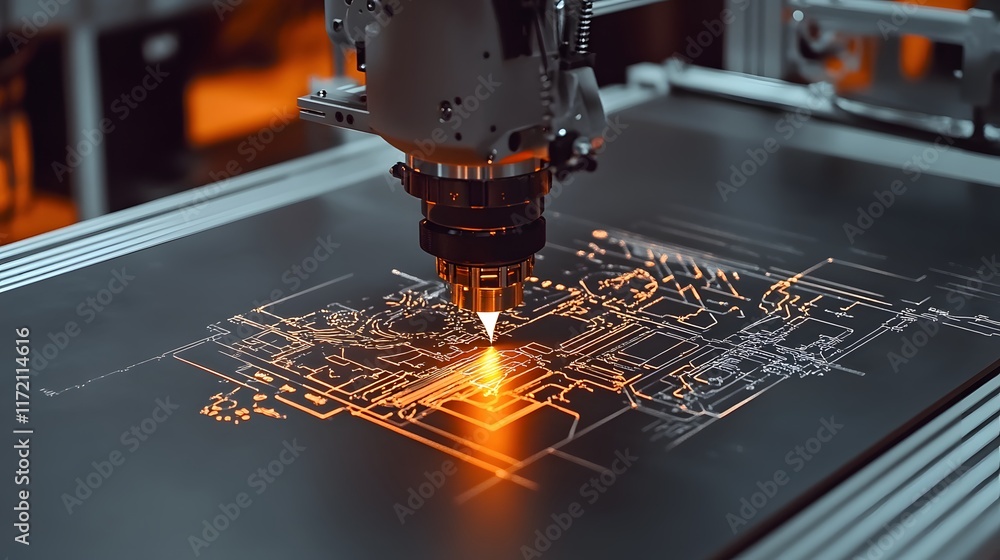 Poster close-up of a robotic arm precisely etching a circuit board. the orange glow highlights the intricat