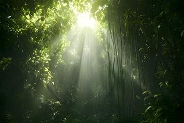 Naklejka premium A serene jungle scene with sunlight filtering through dense foliage.