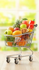 Neatly Organized Shopping Trolley Filled with Organic Fruits and Snacks in Supermarket Aisle