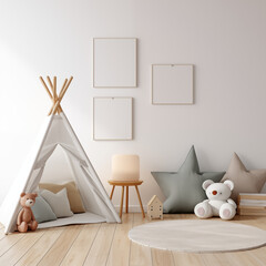 Kids Room Play Tent Wooden Toys Neutral Decor Mockup Frames