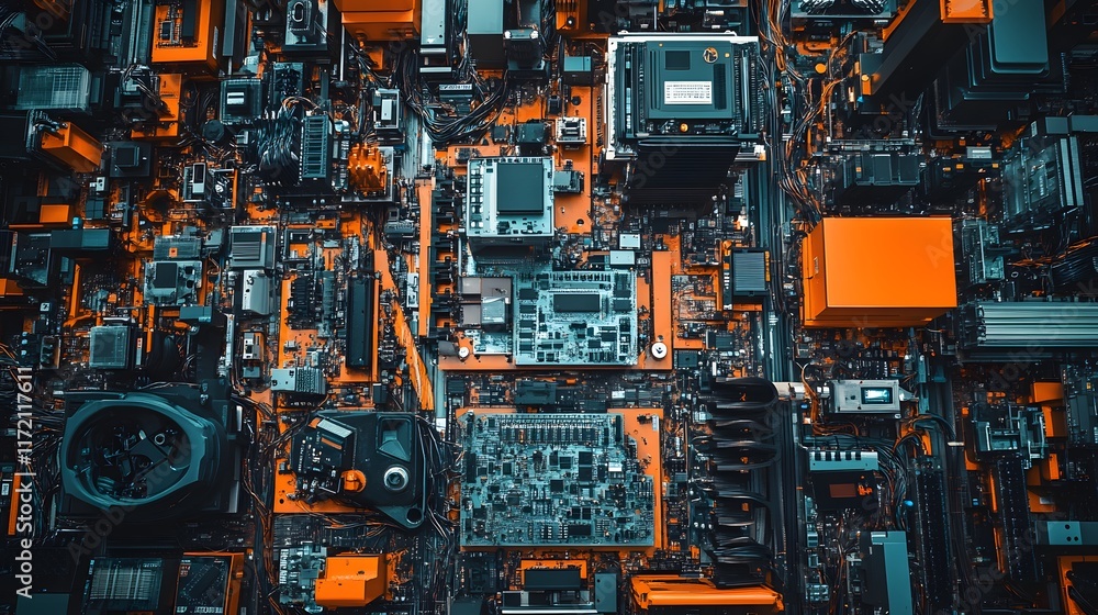 Poster abstract overhead shot of a complex circuit board, featuring an intricate network of components, wir