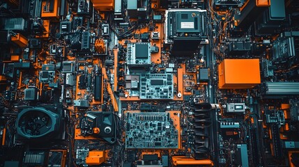 Fototapeta premium Abstract overhead shot of a complex circuit board, featuring an intricate network of components, wires, and integrated circuits in contrasting orange and teal hues.