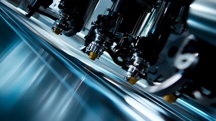 Fototapeta premium Close-up of industrial machinery in motion. Sleek, metallic parts move with precision across a reflective surface, suggesting high-tech manufacturing or printing.