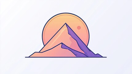 A stylized mountain silhouette against a circular sunset background.