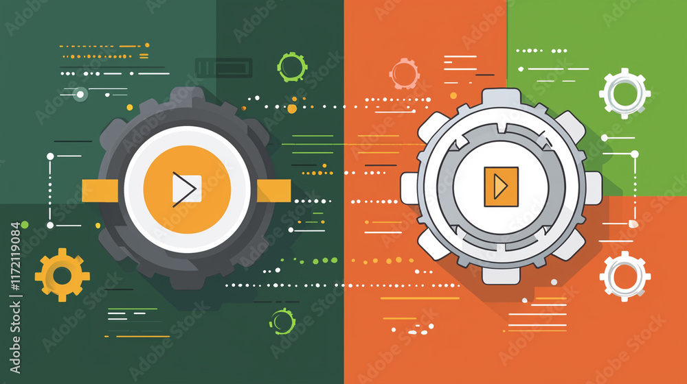 Poster two gears with play buttons, representing process, workflow, or technology.