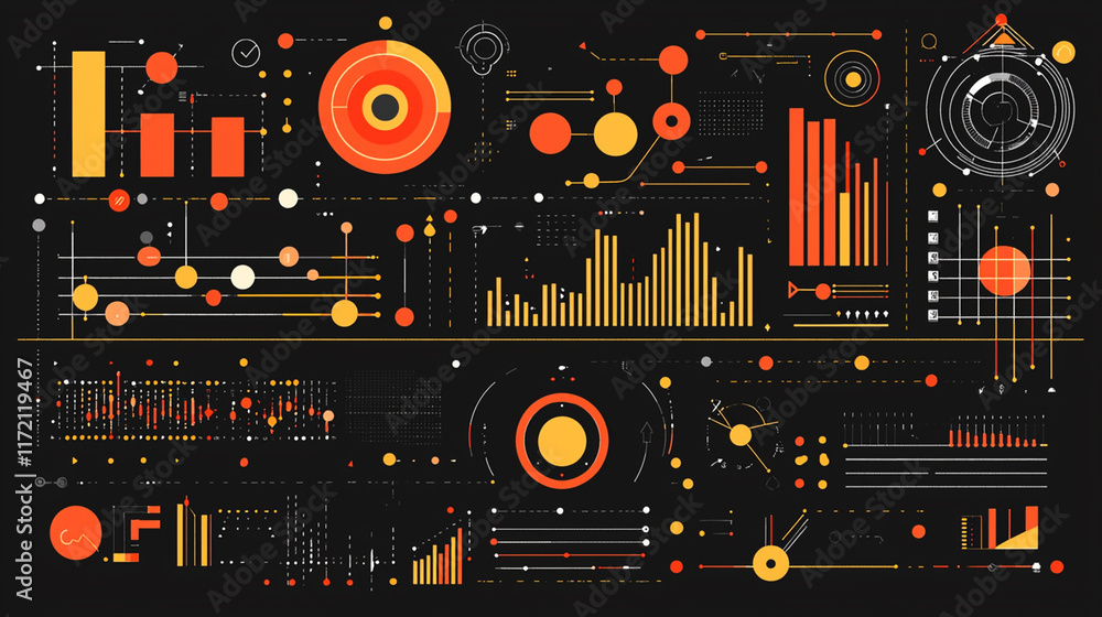 Poster futuristic data visualization dashboard with charts, graphs, and diagrams.