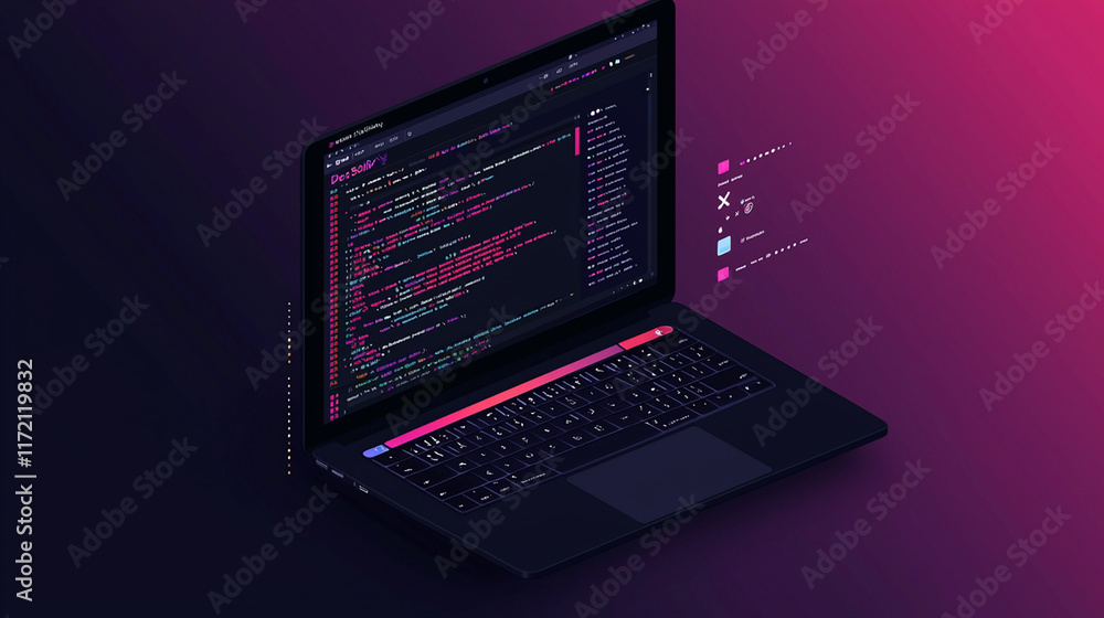 Poster laptop displaying code on a dark background.