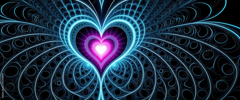 Poster intricate fractal heart with neon blue and purple patterns in abstract design