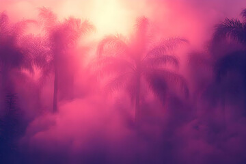 Dreamlike sunset scene with silhouettes of palm trees in a hazy, pink atmosphere.