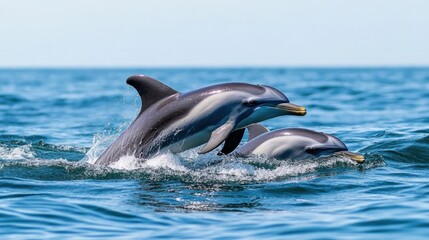 Two dolphins leaping out of the water in a vibrant ocean scene.