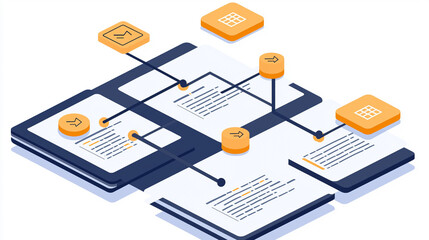 Data network, documents, mobile, isometric illustration.