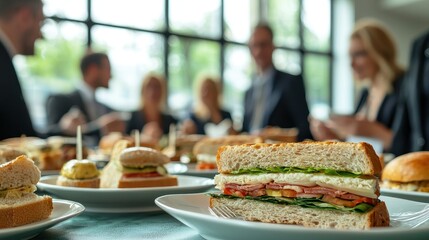 Professionals Enjoying Catered Lunch Meeting with Sandwiches