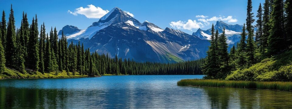 A stunning view of a snowy mountain peak towering above a serene alpine lake, with pine trees lining the shore and snow-capped peaks in the distance, Snowy mountain scene