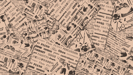 楽器のロゴイラストのシームレスパターン モノクロ windorchestra pattern