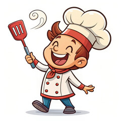 Smiling cartoon chef holding spatula, exuding joy and enthusiasm