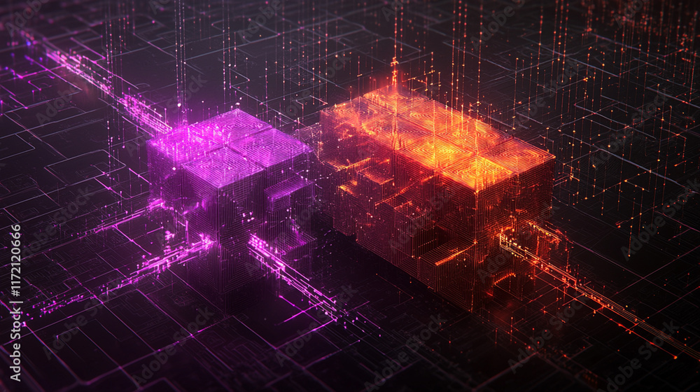 Poster two glowing cubes connected by energy streams on a circuit board.